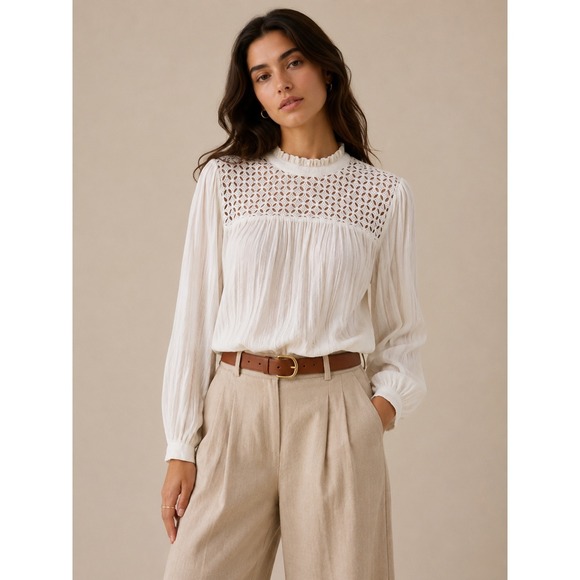 GAP Tops - Gap Blouse Womens XL Tall White‎ Eyelet Lace Ruffle Boho Top Peasant Victorian